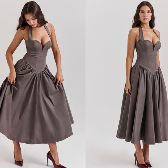 House of CB ‘Coquette' Smoke Halter Midi Dress NWOT - Picture 3 of 11